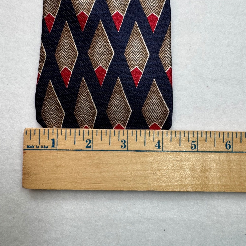 Givenchy Monsieur Vtg Mens Silk Necktie Navy Blue Red Tan Geometric Pattern READ - Picture 4 of 6